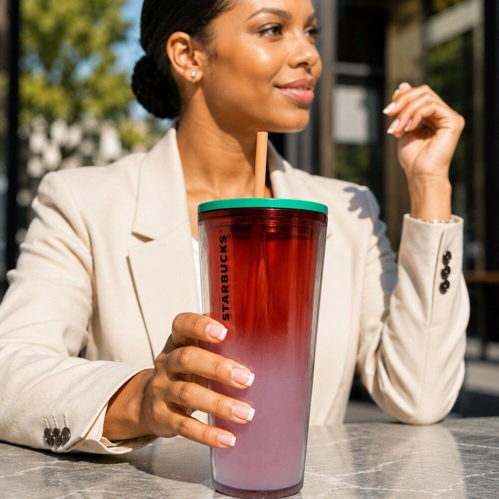 Starbucks Tumbler Red Green Ombre 24oz Cold Travel Cup Lid Straw Summer Office